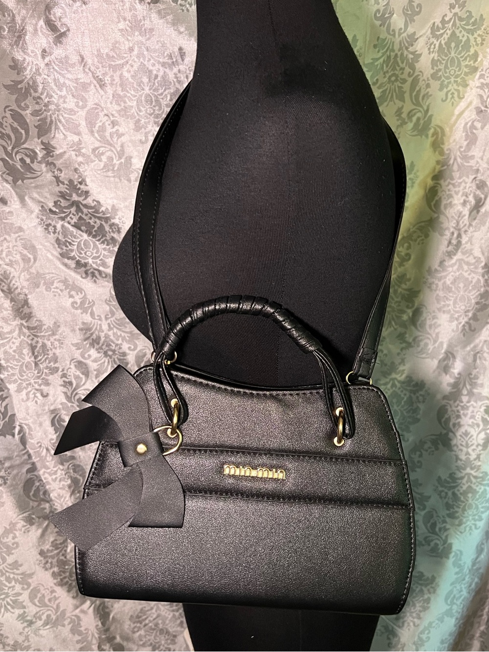 Black Leather Top-Handle Satchel with Bow Accent